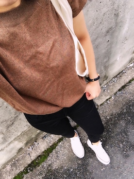 「DHOLIC（ディーホリック）のキャップスリーブスリットニット（ニット/セーター、ブラウン系）」を使った、ぴーさん（レディース・164cm）の夏コーディネート