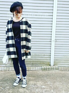 「古着女子」｜「アイテム（ノーカラージャケット）」を使った、古着屋＊金木犀さん（レディース・158cm）の冬コーディネート