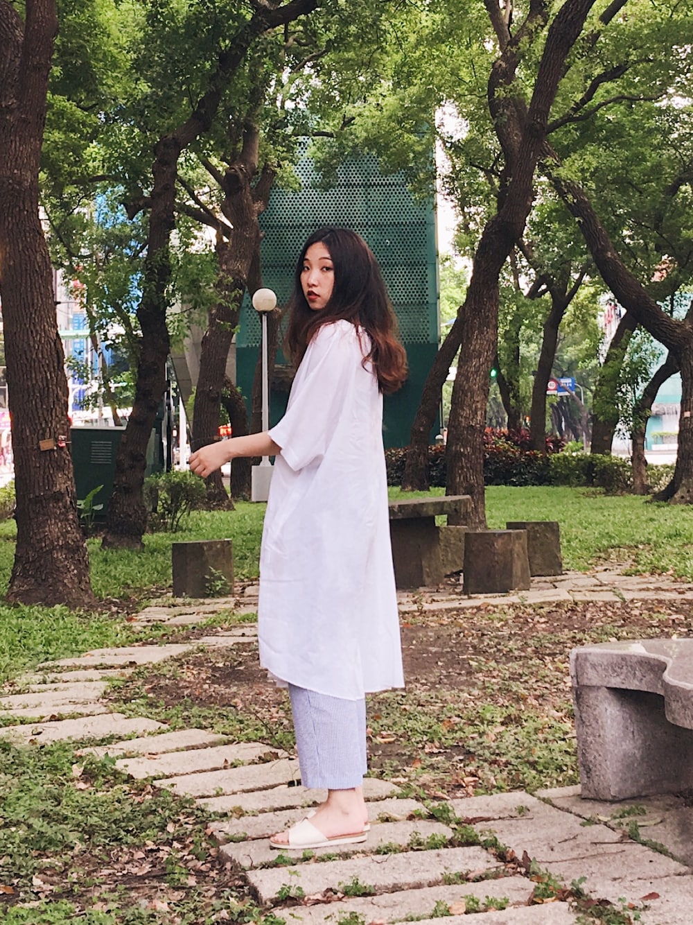 「my basic selectのアイテム（ワンピース/ドレス、ホワイト系）」を使った、許Karen さん（レディース・160cm）の夏コーディネートの1枚目の写真