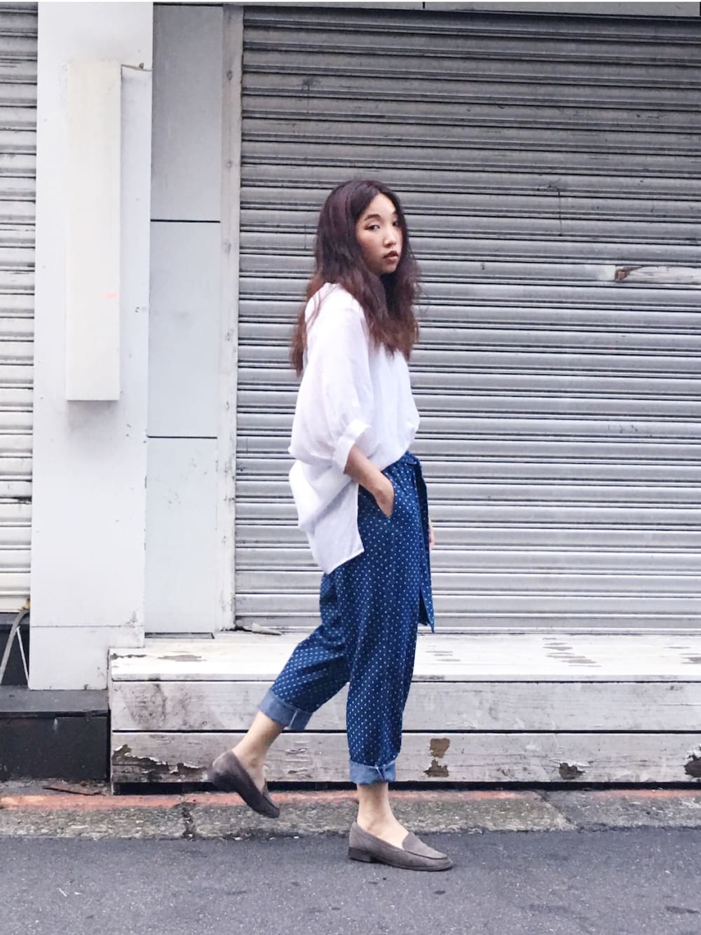 「jeans、dot」｜「my basic selectのアイテム（パンツ、ブルー系）」を使った、許Karen さん（レディース・160cm）の夏コーディネートの1枚目の写真