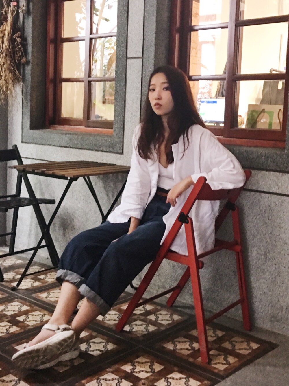 「my basic selectのアイテム（ジャケット/アウター、ホワイト系）」を使った、許Karen さん（レディース・160cm）の秋コーディネートの1枚目の写真