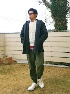 「白ニット」｜「アイテム（ダッフルコート）」を使った、だっくすさん（メンズ・167cm）の冬コーディネート