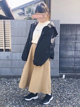 「トレンチスカート」｜「アイテム（マウンテンパーカー）」を使った、𝖬 𝗂 𝗒 𝗎さん（レディース・157cm）の冬コーディネート