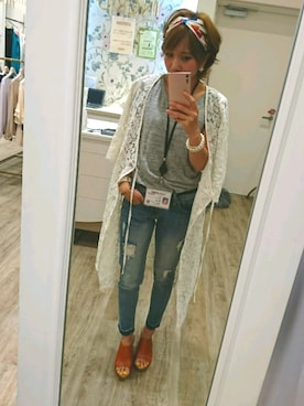 「INTERPLANET（インタープラネット）のアイテム（デニムパンツ、ブルー系）」を使った、rik@0627さん（レディース・150cm）の夏コーディネート