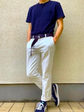 「coen（コーエン）のアイテム（Tシャツ/カットソー、ブルー系）」を使った、makoto_oginoさん（メンズ・171cm）の夏コーディネート