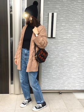 「ケーブルカーディガン」｜「アイテム（ニットキャップ/ビーニー）」を使った、miii〜さん（レディース・167cm）の冬コーディネート