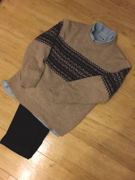 「GU（ジーユー）のアイテム（ニット/セーター、ベージュ系）」を使った、のなめさん（レディース・150cm）の冬コーディネート