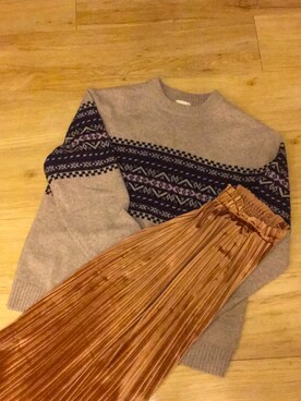 「GU（ジーユー）のアイテム（ニット/セーター、ベージュ系）」を使った、のなめさん（レディース・150cm）の冬コーディネート