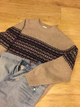 「GU（ジーユー）のアイテム（ニット/セーター、ベージュ系）」を使った、のなめさん（レディース・150cm）の冬コーディネート