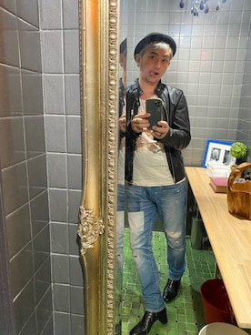 「SHIPS（シップス）のアイテム（ライダースジャケット）」を使った、平野誠さん（メンズ・174cm）の春コーディネート