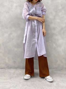 「アイテム（シャツワンピース、パープル系）」を使った、yuki_everyさん（レディース・152cm）の春コーディネート