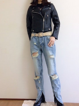 「スリットパンツ」｜「アイテム（ライダースジャケット）」を使った、uniさん（レディース・158cm）の冬コーディネート