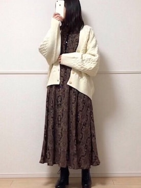 「ケーブルカーディガン」｜「アイテム（ワンピース/ドレス）」を使った、uniさん（レディース・161cm）の冬コーディネート