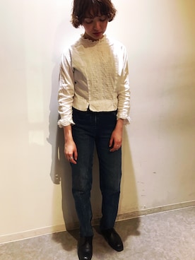 「MM6 Maison Margiela（ｴﾑｴﾑｼｯｸｽ ﾒｿﾞﾝ ﾏﾙｼﾞｪﾗ）のMM6/80s Wash PT（デニムパンツ、ブルー系）」を使った、Tsukimiさん（レディース・161cm）の春コーディネート