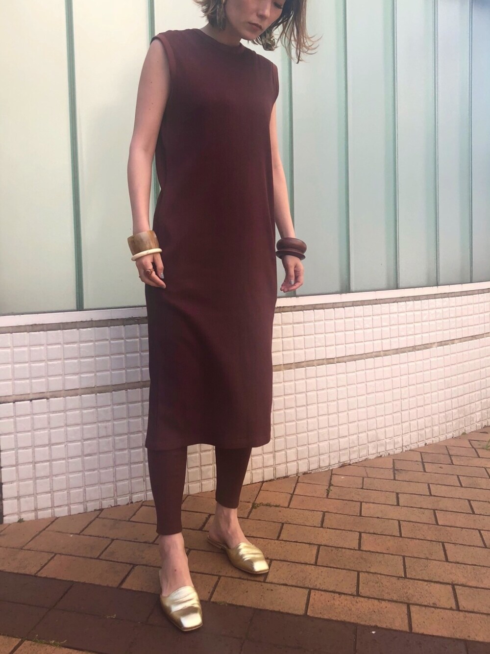 「夏、夏コーデ、ママコーデ、シンプル、ワンピース、リブレギンス、リブワンピース、セットアップ、バングル、ノースリーブ」｜「ZARAのアイテム（ピアス（両耳用）、グリーン系）」を使った、GUCCIさん（レディース・168cm）の夏コーディネートの1枚目の写真