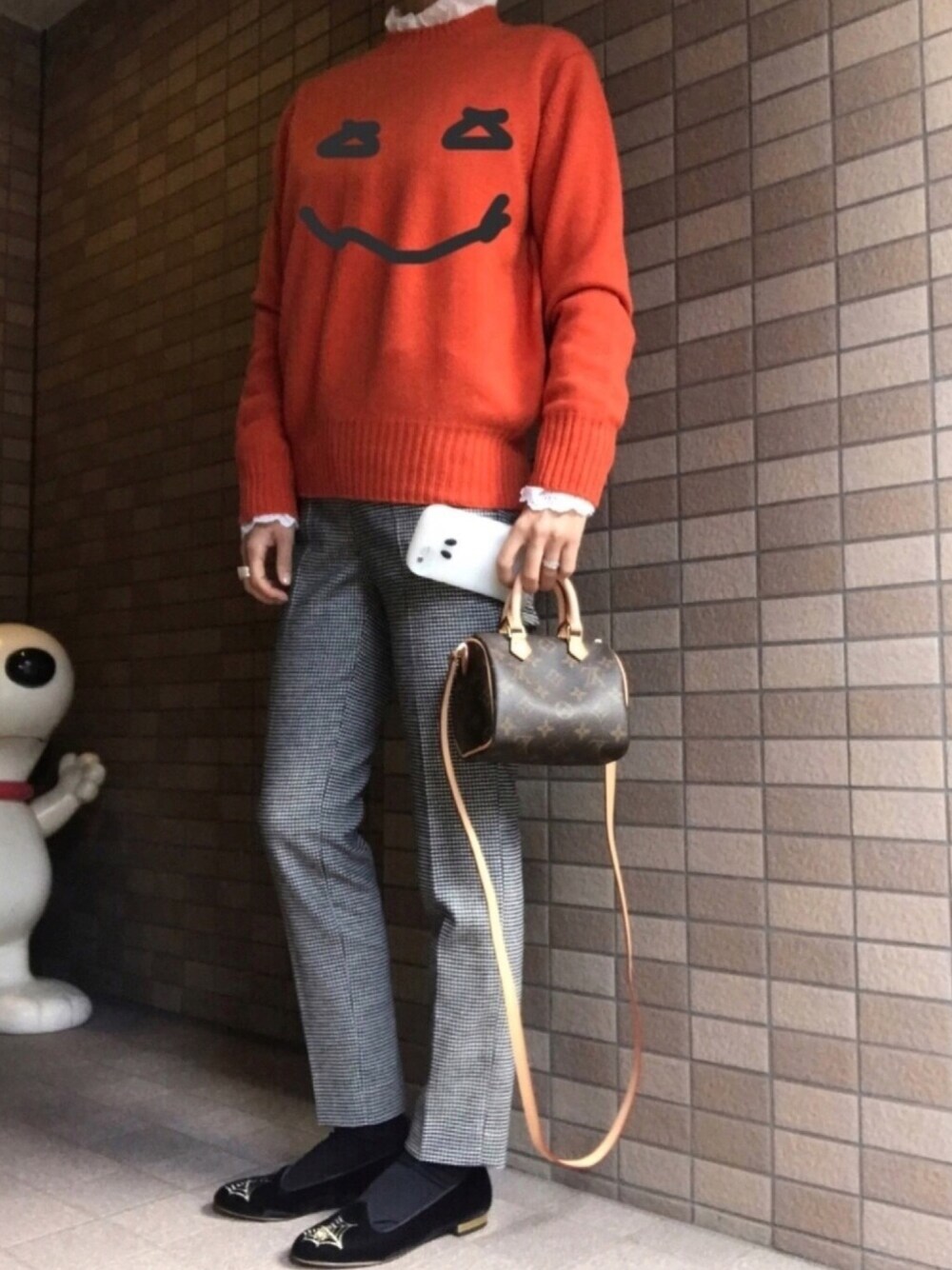「wearhalloween2017、ハウンドトゥース、チドリ柄、ベルベット、レースブラウス、スパイダー、ゴースト、ジャックオランタン」｜「DrawerのDrawer クルーネックプルオーバー（ニット/セーター、オレンジ系）」を使った、おにこ🍙さん（レディース・160cm）の秋コーディネートの1枚目の写真