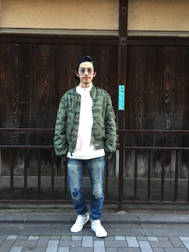 「HYSTERIC GLAMOUR（ヒステリックグラマー）のアイテム（MA-1）」を使った、zakiさん（メンズ・172cm）の冬コーディネート