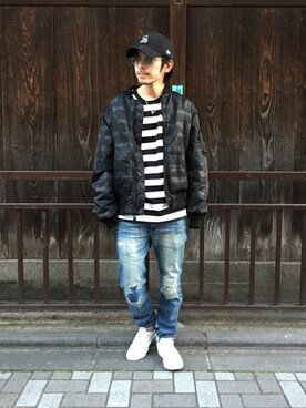 「HYSTERIC GLAMOUR（ヒステリックグラマー）のアイテム（MA-1）」を使った、zakiさん（メンズ・172cm）の冬コーディネート