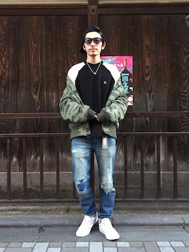 「HYSTERIC GLAMOUR（ヒステリックグラマー）のアイテム（MA-1）」を使った、zakiさん（メンズ・172cm）の冬コーディネート