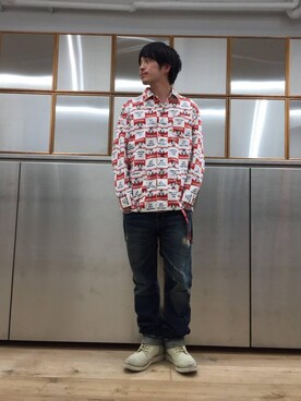 「アイテム（カバーオール、レッド系）」を使った、zakiさん（メンズ・172cm）の秋コーディネート