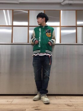 「HYSTERIC GLAMOUR（ヒステリックグラマー）のGIRLS BORDER総柄ジャカード リブ付Tシャツ（Tシャツ/カットソー）」を使った、zakiさん（メンズ・172cm）の冬コーディネート