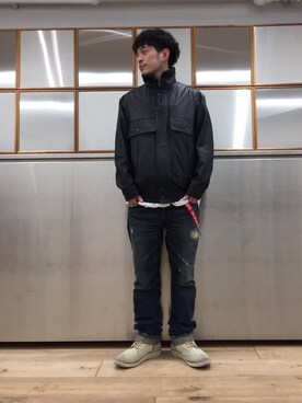 「レザーコーデ」｜「アイテム（ブルゾン）」を使った、zakiさん（メンズ・172cm）の冬コーディネート