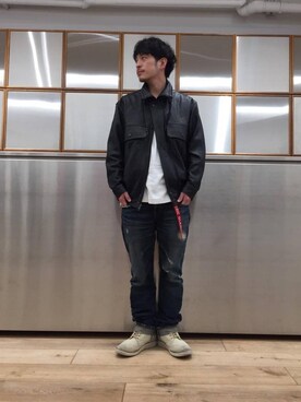 「レザーコーデ」｜「アイテム（ブルゾン）」を使った、zakiさん（メンズ・172cm）の冬コーディネート