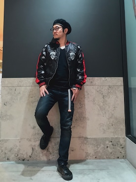 「DIESEL（ディーゼル）のアイテム（ナイロンジャケット、ブラック系）」を使った、J.yaanooさん（メンズ・165cm）の春コーディネート