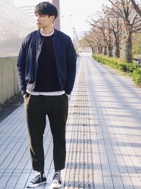 「GAP（ギャップ）のアイテム（MA-1）」を使った、ヨシカズさん（メンズ・186cm）の秋コーディネート