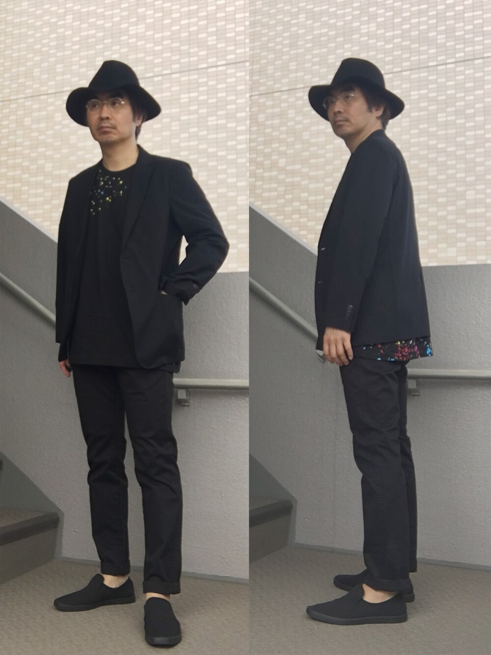 「テーラードジャケット、オールブラック、ハット、スリッポン、ペイント」｜「UNIQLOのUNIQLO フューチュラグラフィックT（Tシャツ/カットソー、ブラック系）」を使った、Taka＠TeamSixtiesさん（メンズ・169cm）の春コーディネートの1枚目の写真