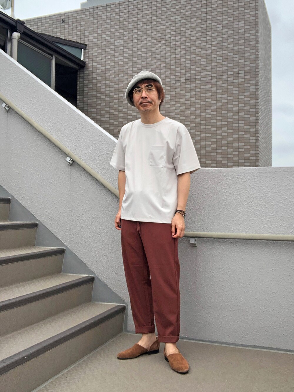 「夏コーデ、スポックシューズ、サマーブラウン」｜「417 EDIFICEのHGシルケットポンチ 5/S TEE（Tシャツ/カットソー、イエロー系）」を使った、Taka＠TeamSixtiesさん（メンズ・169cm）の夏コーディネートの1枚目の写真
