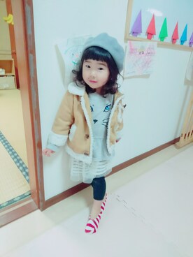 「西松屋」｜「アイテム（ムートンコート）」を使った、愛※直※杏さん（キッズ・80cm）の冬コーディネート