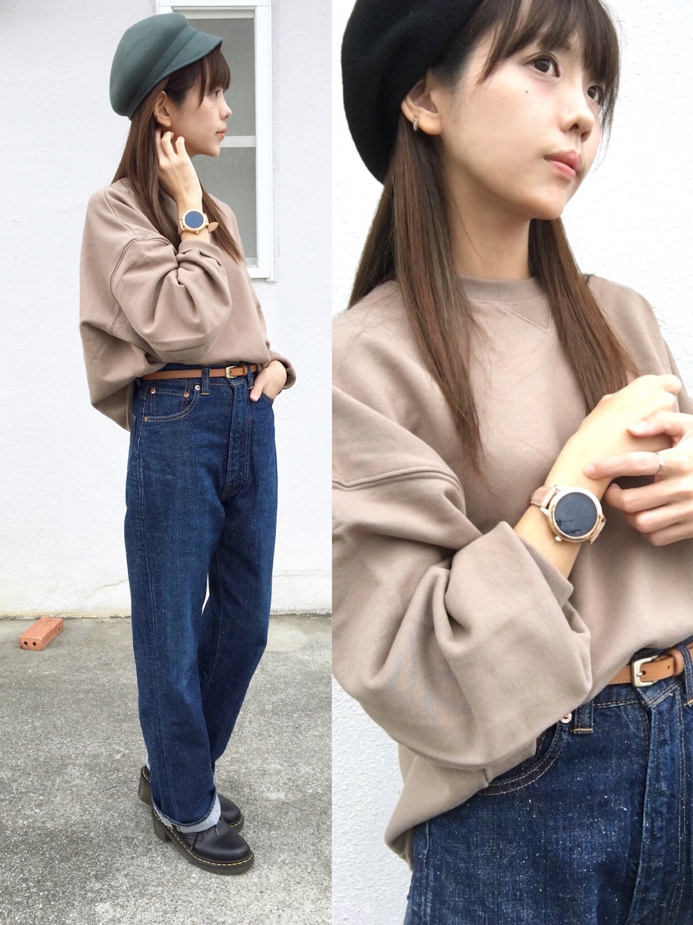 イエロー系のスウェット、ブルー系のデニムパンツ、ベージュ系のデジタル腕時計を着用したレディースの冬コーディネートの1枚目の写真