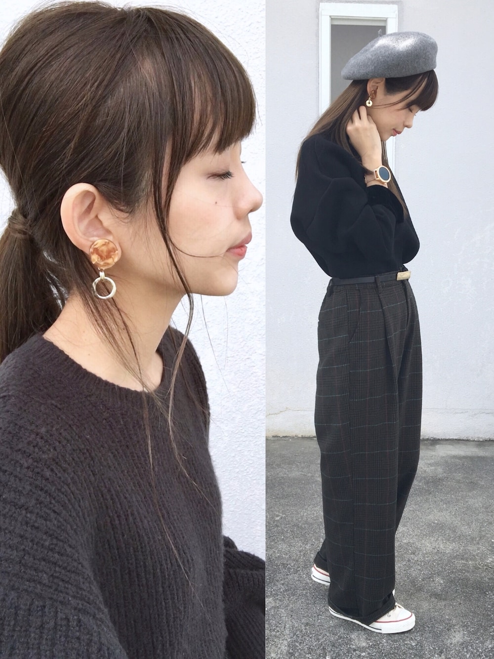 グリーン系のその他パンツ、グレー系のニット/セーター、ブラウン系のイヤリングを着用したレディースの冬コーディネートの1枚目の写真