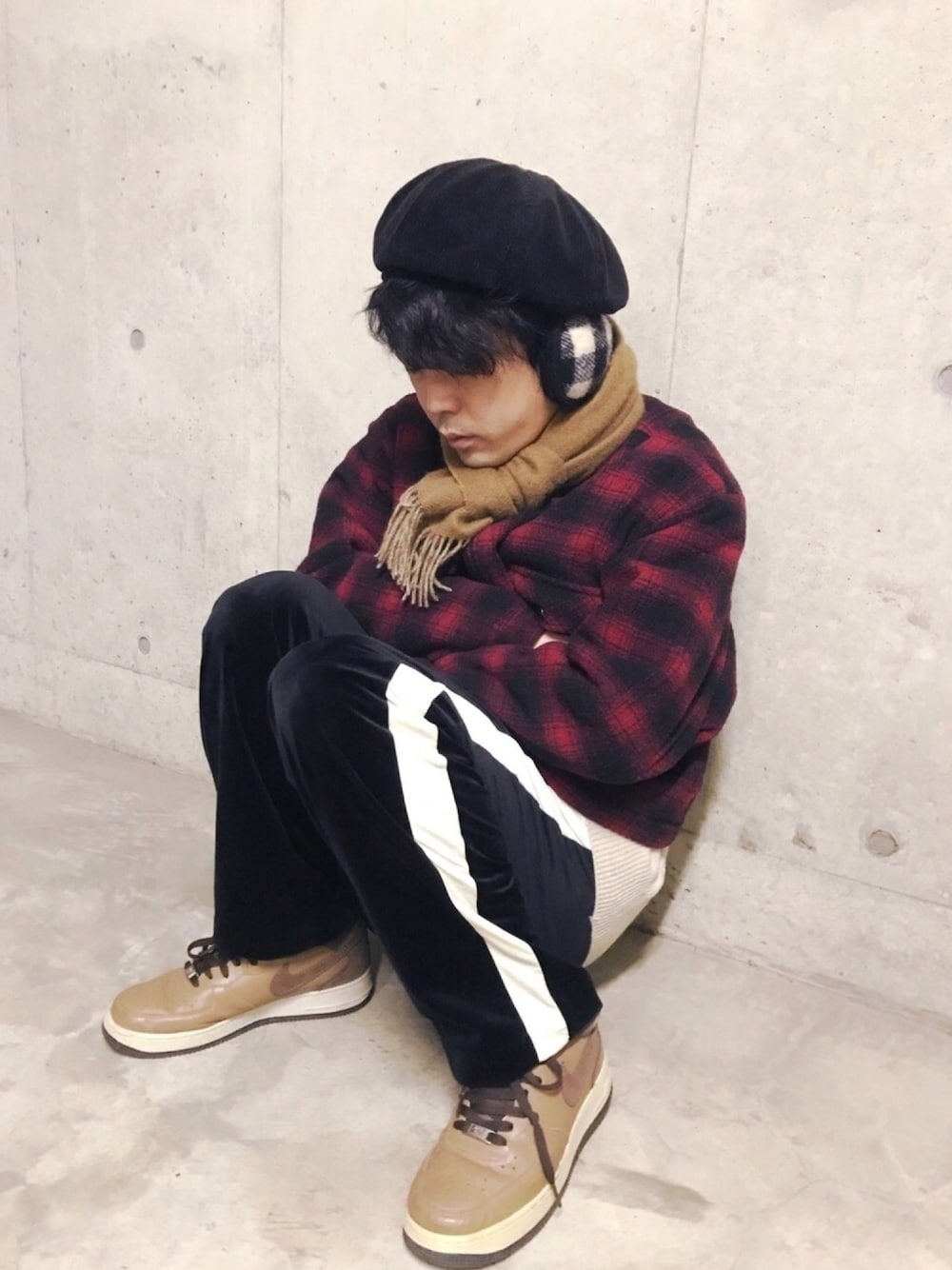 「京都、一乗寺、音楽フェス、the Day of Pleasure、精華大学、ポピュラーカルチャー学部、京都醸造、クラフトビール、NIKE、airforce1」｜「小6に買ってもろたrenownのアイテム（ブルゾン、レッド系）」を使った、Ryugo Ichiiさん（メンズ・165cm）の冬コーディネートの1枚目の写真