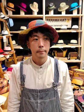 「ストローハット」｜「アイテム（オールインワン・サロペット）」を使った、Ryugo Ichiiさん（メンズ・165cm）の春コーディネート