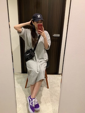「Chaco closet（チャコ クローゼット）のバルーンスリーブ7分袖ポケット付きミニ裏毛Aラインスウェットワンピース（ワンピース）」を使った、RUIさん（レディース・165cm）の春コーディネート