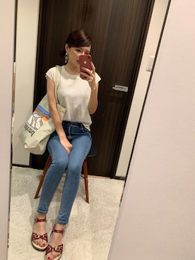 「Chaco closet（チャコ クローゼット）のワッフルフレンチスリーブ半袖T（Tシャツ/カットソー）」を使った、RUIさん（レディース・165cm）の夏コーディネート