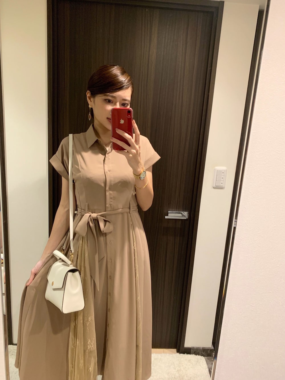 「leja、SKAGEN、myskagen、PR、perkyroom、夏コーデ、オトナ女子、オトナガーリー、大人コーデ、ワンピース」｜「Lejaのレース切り替えロングシャツワンピース（ワンピース、ブラウン系）」を使った、RUIさん（レディース・165cm）の夏コーディネートの1枚目の写真