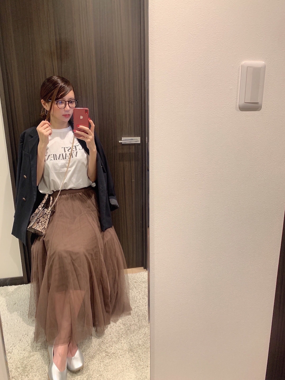 「GeeRA、ジーラ、PR、秋のコーデ、秋服、オフィスカジュアル、Mila Owen、秋カラー、オトナカジュアル」｜「Mila Owenのダブルブレザー（テーラードジャケット、ブラック系）」を使った、RUIさん（レディース・165cm）の秋コーディネートの1枚目の写真