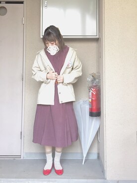 「レトロ」｜「アイテム（カバーオール）」を使った、KURUMIさん（レディース・153cm）の春コーディネート
