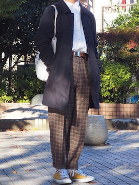 「レトロ」｜「アイテム（ステンカラーコート）」を使った、てんてんさん（メンズ・173cm）の冬コーディネート