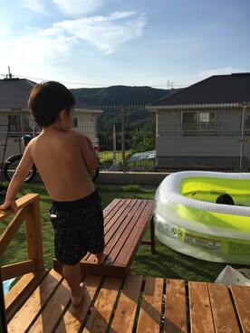 「赤ちゃん本舗（アカチャンホンポ）のアイテム（その他パンツ、ブラック系）」を使った、HARUMAさん（キッズ）の夏コーディネート