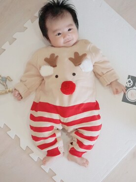 「アイテム（ロンパース、レッド系）」を使った、sora mamaさん（キッズ・60cm）の冬コーディネート