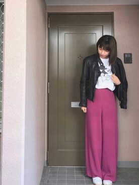 「ROKU」｜「アイテム（ライダースジャケット）」を使った、misakiowadaさん（レディース・163cm）の春コーディネート