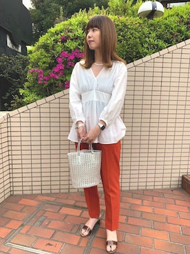 「green label relaxing（グリーンレーベルリラクシング）のFFC コットン シルク ギャザー ブラウス（シャツ/ブラウス、ホワイト系）」を使った、ざきやまさん（レディース・161cm）の夏コーディネート