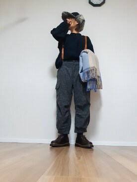 「ツイードパンツ」｜「アイテム（キャップ）」を使った、にゃごさん（レディース・157cm）の冬コーディネート