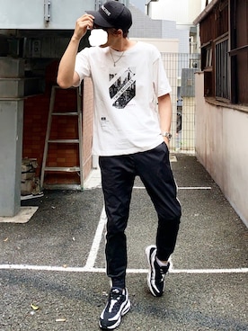 「NIKE（ナイキ）のNIKE AIR MAX 95 ESSENTIAL (BLACK/WHITE-WOLF GREY) 【SP】（スニーカー）」を使った、MOYA／YouTubeさん（メンズ・177cm）の夏コーディネート