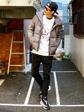 「AIR MAX」｜「アイテム（ダウンジャケット/コート）」を使った、MOYA／YouTubeさん（メンズ・177cm）の秋コーディネート