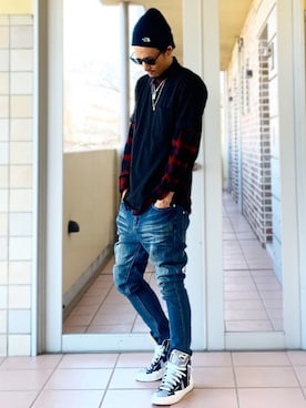 「アイテム（ニットキャップ/ビーニー）」を使った、MOYA／YouTubeさん（メンズ・177cm）の春コーディネート